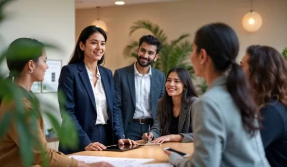 Illustration d'une équipe de recruteurs préparant une session de recrutement, avec des candidats en attente et des outils de sélection à disposition