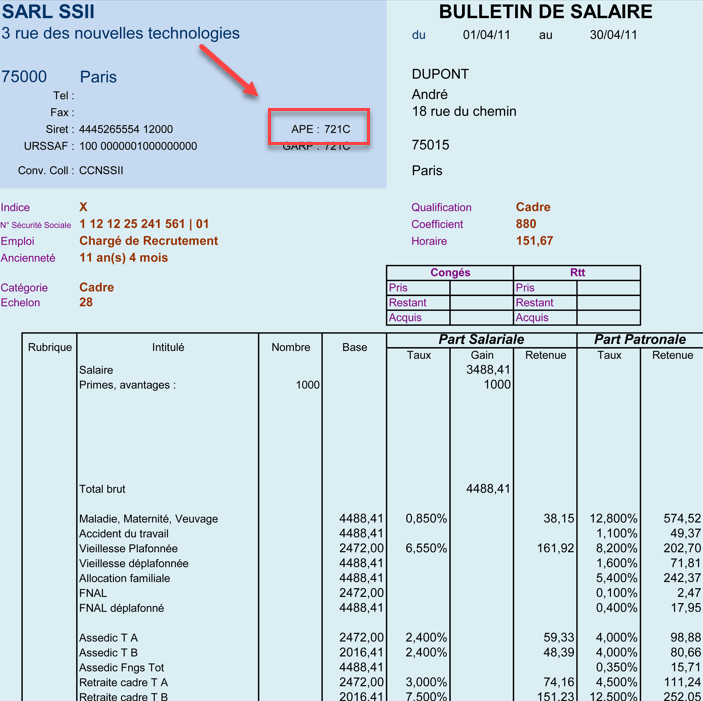 Code APE fiche de paie