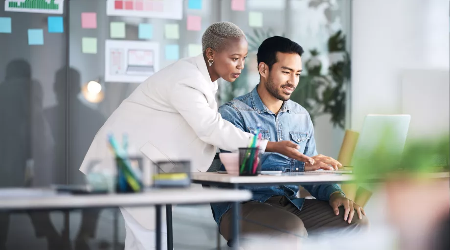 Deux collaborateurs devant l'ordinateur 