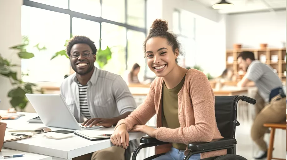 une collaboratrice handicapé avec un de ses collègues