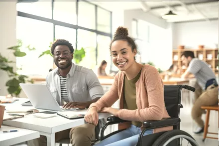 une collaboratrice handicapé avec un de ses collègues