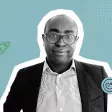 Photocollage du portrait de Christian Makaya sur fond bleu interview tech inno eurécia média 