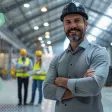 Souriant chef d’entreprise au casque et bras croisés dans un atelier moderne, équipe floue en arrière-plan