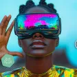 Femme portant un casque de réalité virtuelle futuriste aux reflets colorés levant la main