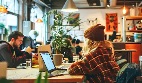 image illustrant une jeune fille qui travaille sur son ordinateur dans un espace de coworking