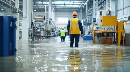 Usine inondée avec 2 employés ayant de la pluie jusqu'aux genoux