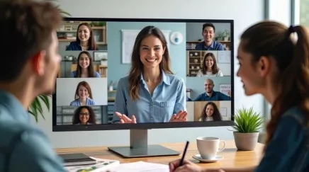Illustration d'une session de formation synchrone, montrant des participants et un formateur interagissant en temps réel à travers une plateforme en ligne.