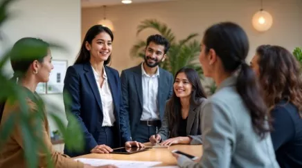 Illustration d'une équipe de recruteurs préparant une session de recrutement, avec des candidats en attente et des outils de sélection à disposition