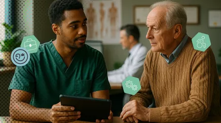 Assistant médical numérique échange avec un patient senior dans un cabinet lumineux