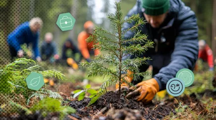 Technicien plantant un jeune arbre en forêt