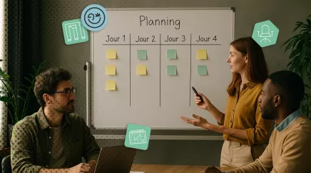 Réunion d’équipe autour d’un planning de 4 jours en bureau lumineux et végétalisé