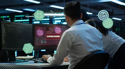 Personnes devant des écrans de PC avec une mention système hacké