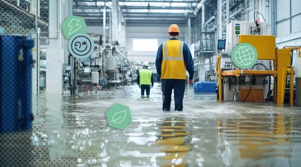 Employés marchant dans une usine inondée après une tempête ou événement climatique extrême