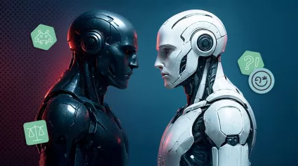 Deux robots, l’un noir et l’autre blanc, se faisant face, symbolisant l’IA ennemie ou mentor