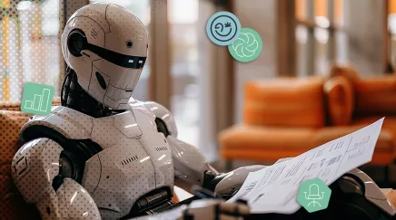 Robot humanoïde analysant des CV dans un espace de travail moderne et lumineux