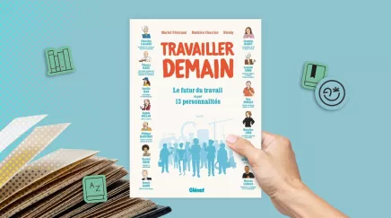 Couverture du livre Travailler demain, le futur du travail vu par 13 personnalités de Mathieu Charrier et Muriel Pénicaud, dessins de Nicoby